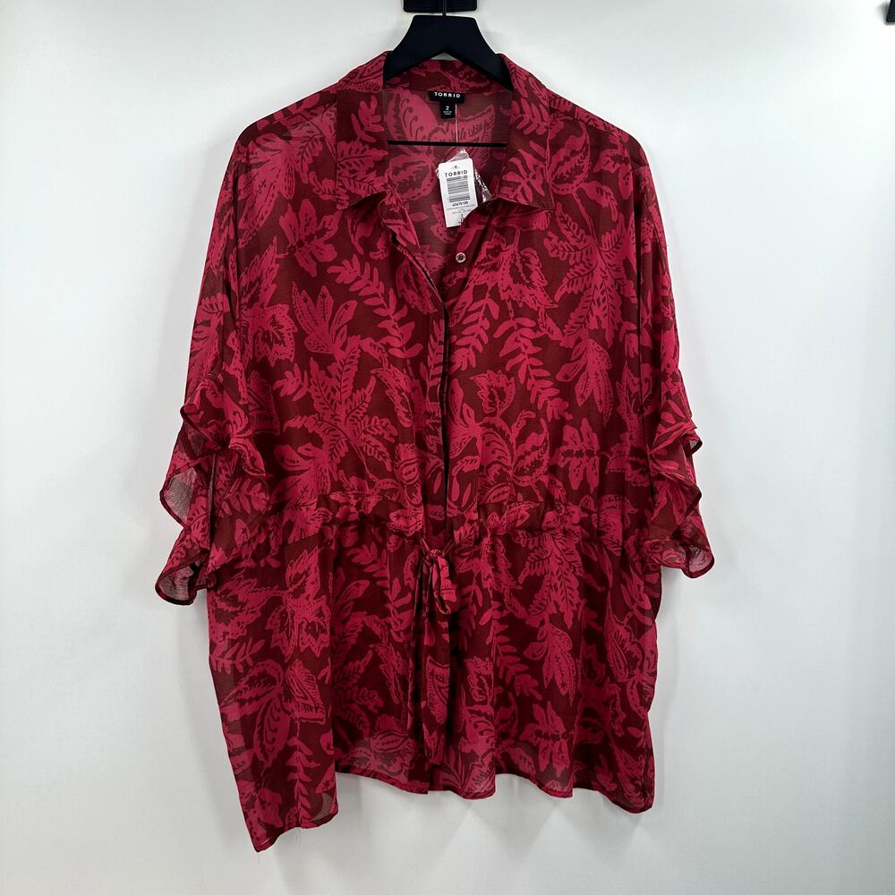 Torrid Red Pink Cap Sleeve Polo Blouse - Picture 2 of 8